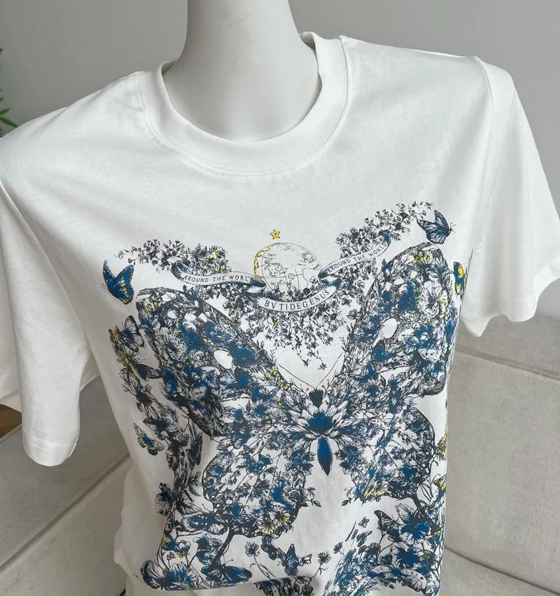 Korean Elegant Floral Butterfly Printing T-shirt Pure Cotton Summer Short Sleeve Tops Loose High Street Ladies Sweet Tees Basic