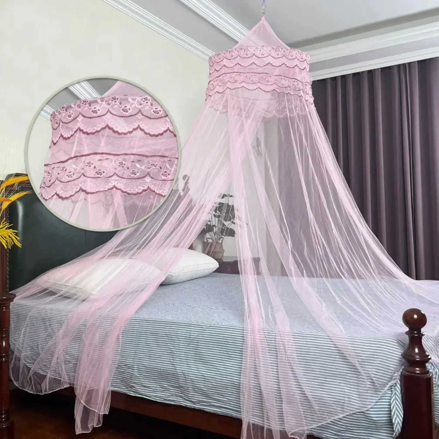 Double Lace Princess Style Dome Bed Canopy - 1pc, Girls Mosquito Net, Bedroom and Garden Decor, Easy Installation.