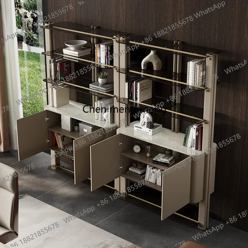 

z10Italian Minimalist Bookshelf Elegant Leather Solid Wood Light Luxury Study Office Decorative Shelf Bookcase