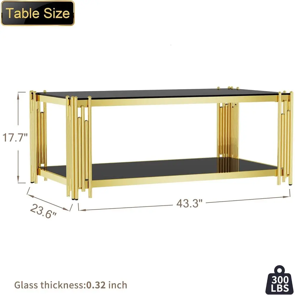 Modern Rectangular Tempered Glass Coffee Table with Gold Stainless Steel Legs for Luxury Living Rooms and Home Offices, 43