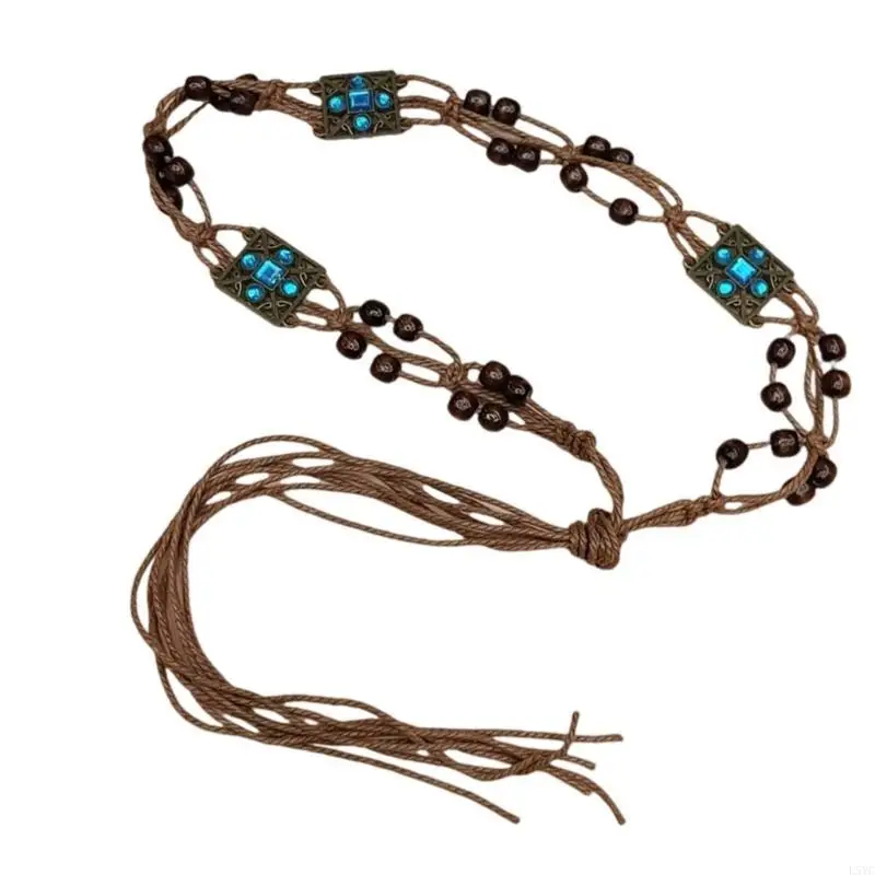

L5YC Braided Cord Belt Antique Bead Decors Bohemian Waist Rope for Vacation Outfit