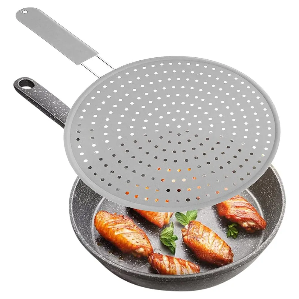 28cm Splash Guard Silicone Heat-Resisting With Handle Cover Sieve Frying Pan Multipurpose Grease Splash Guard Kitchen Utensils