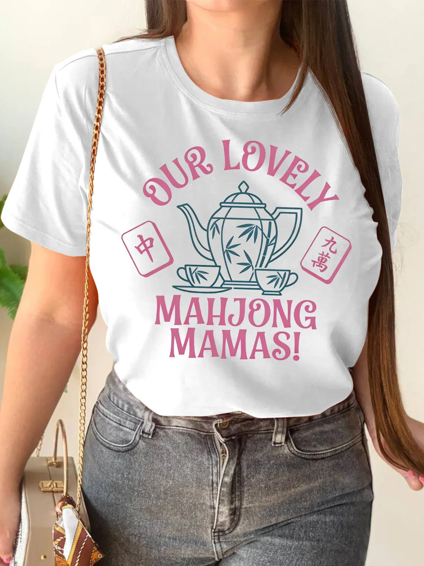 Our Lovely Mahjong Mamas Womens Crew Neck Short Sleeve T Shirt Chinese Teapot Mahjong Tile Graphic Tees For Ladies Daily Wear