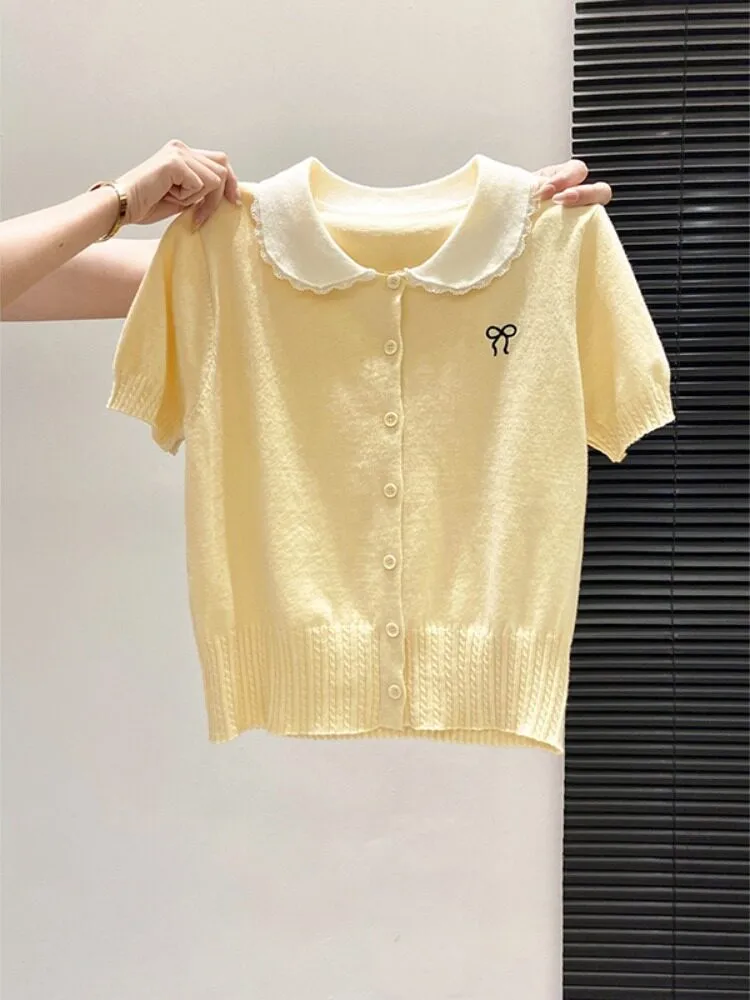 

Yellow Doll Collar Short Sleeve Knitted Open Cardigan Women's Summer New Knot Embroidery Gentle Slimming Top