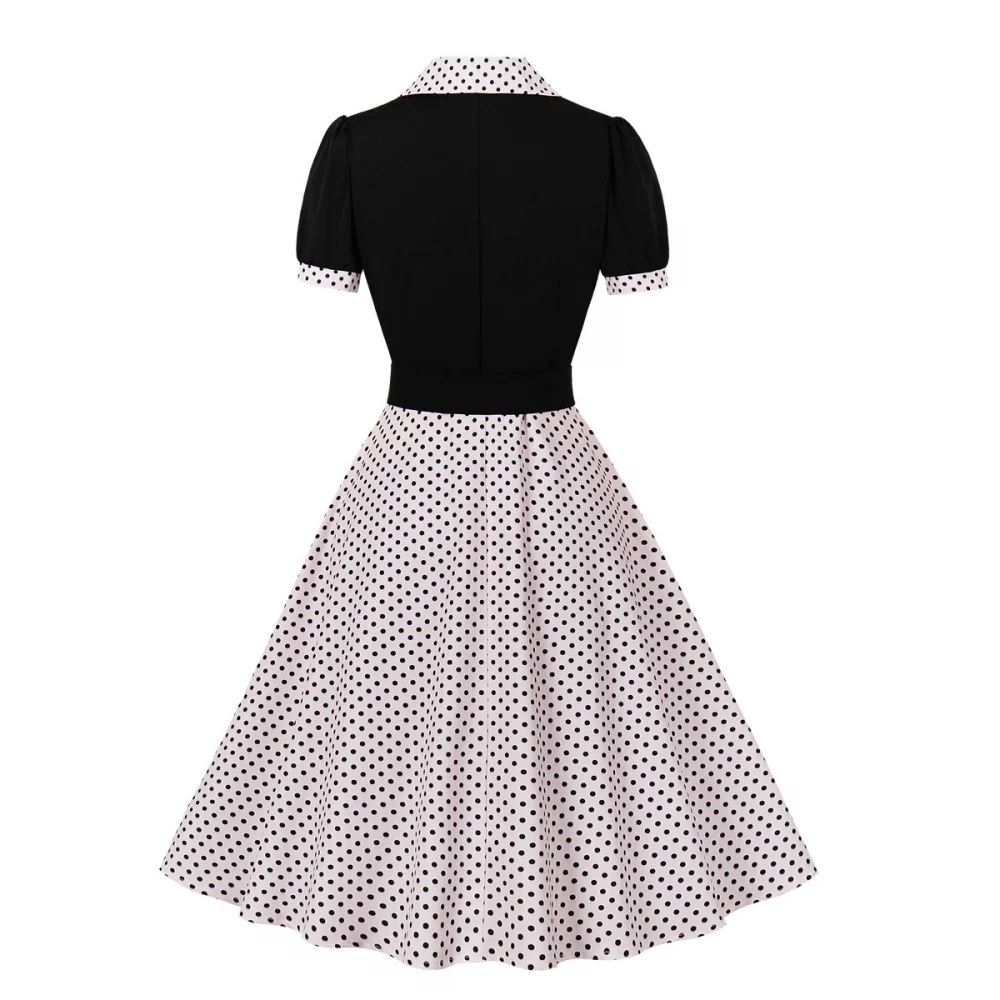 Women's 1950s Retro Dress Short Sleeve Notched Lapel Polka Dot Stripe Swing Dress with Belt Cocktail Dress