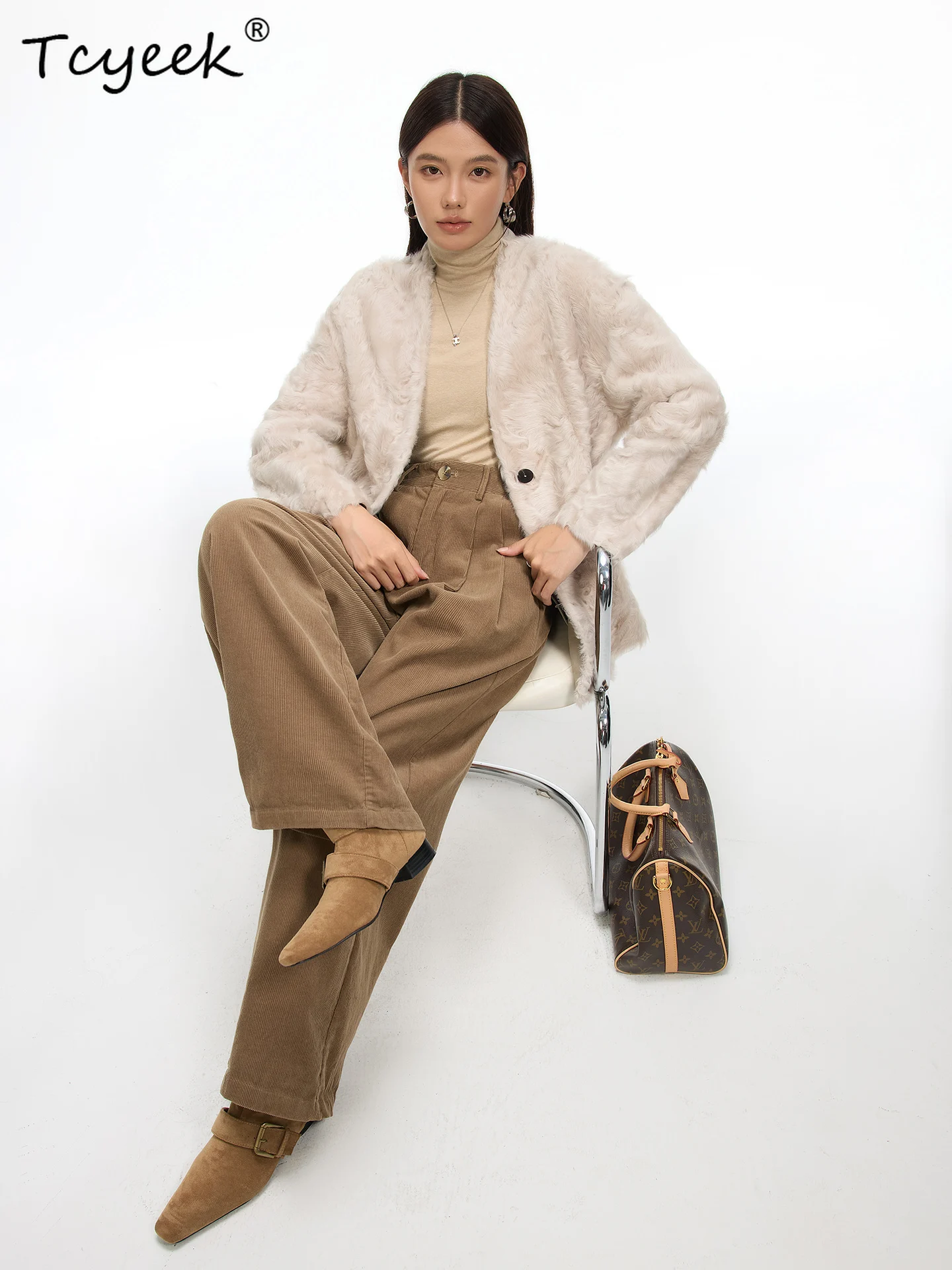 Tcyeek Genuino Lana Autunno Inverno Alla Moda di Fascia Alta Con Scollo A V di Colore Solido delle Donne di Lana Shearling Cappotto di Pelliccia Fourrures Femme