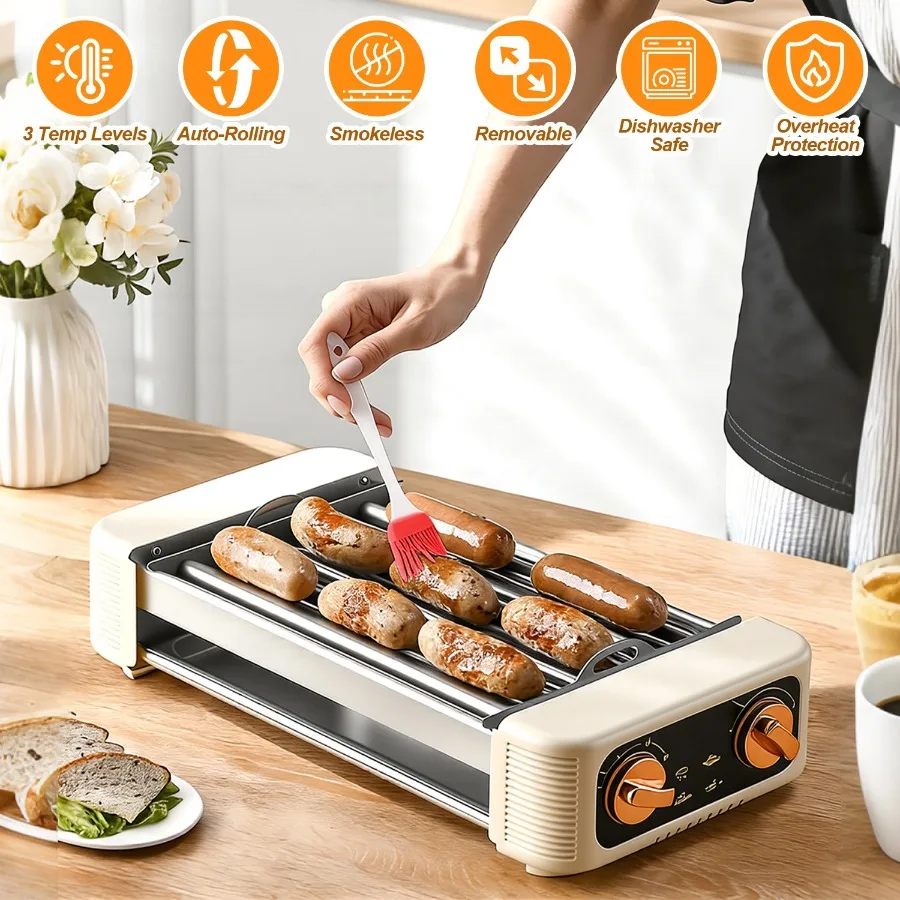 

3-in-1 Electric Sausage Griller, Hot Dog Roller with BBQ Grill and Flat Griddle, 3 Temperature Levels Smokeless Indoor Outdoor