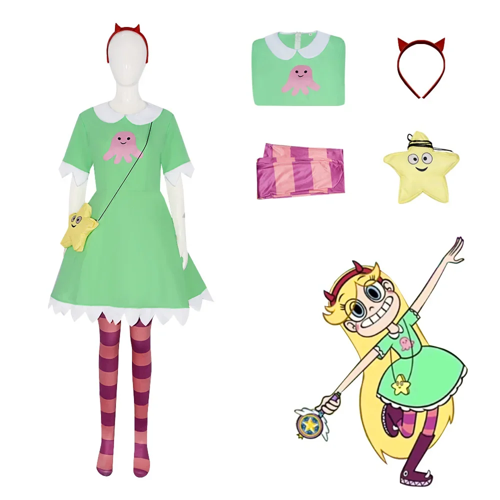 Anime Star vs. the Forces of Evil Cosplay Star Butterfly Green Dress Red headwear Socks Halloween Fancy Costume