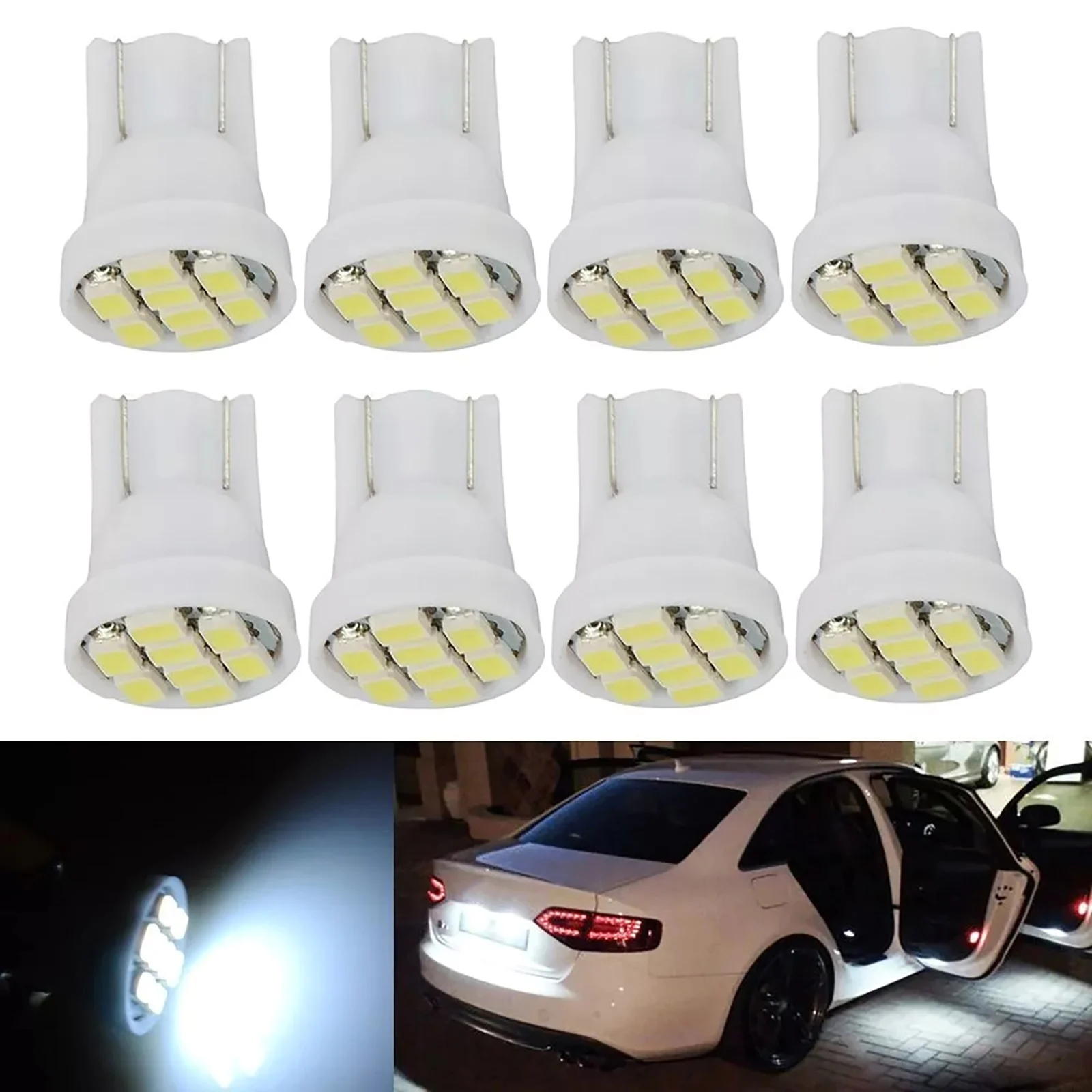 10Pcs/Set T10 8 SMD White LED Bulbs For Instrument Panel Light License Plate Lights Door Edge Light DC 12V Car Auto Accessories