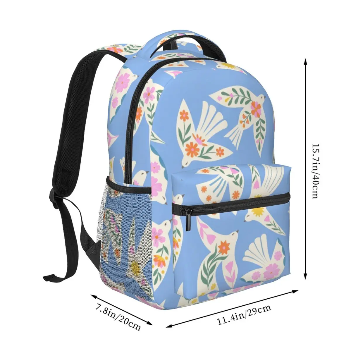 Flower Student Bookbag Tossed Stylized Birds Modern Floral Light Blue White Multi Cool Bookbag for Girls Boys College Travel Gym