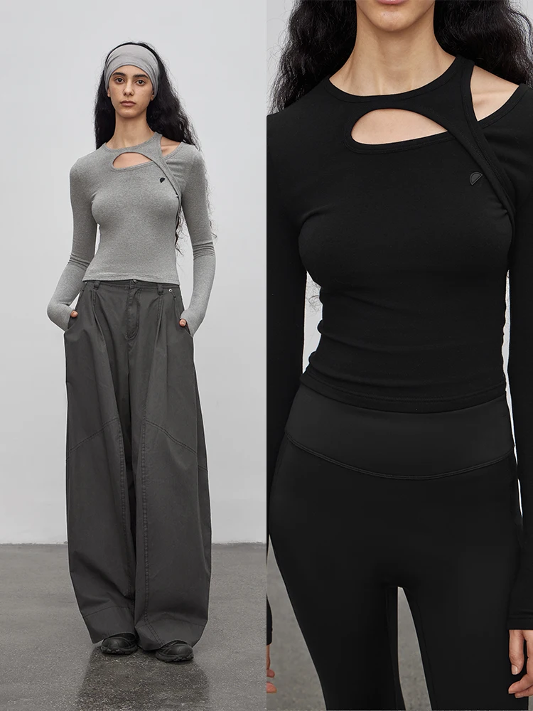 

Асимметричный разрезанный двухцветный футболка-топ для женщин, спортивный стиль, оригинальный дизайн, с вырезами, из хлопка и шелка