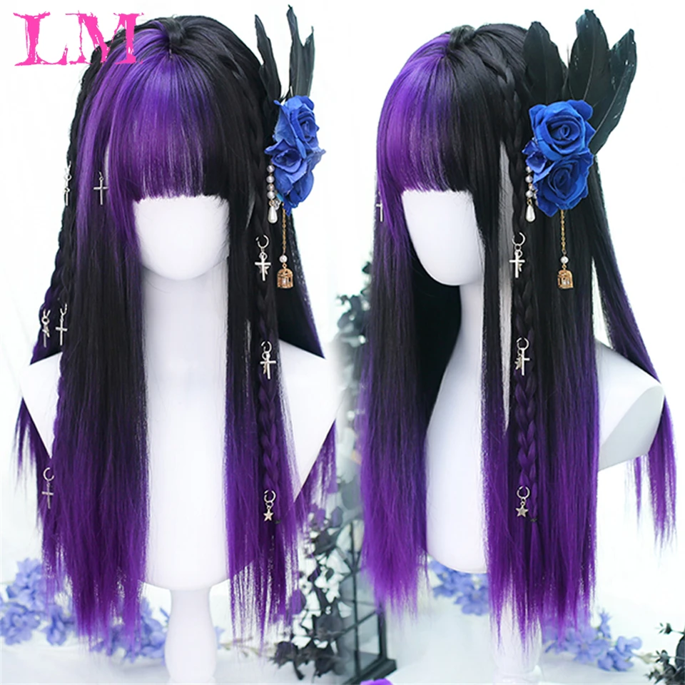 LM Purple Synthetic Wigs With Bangs for Women Long Wavy Straight Hair Wig Natural Cosplay Party Heat Resistant