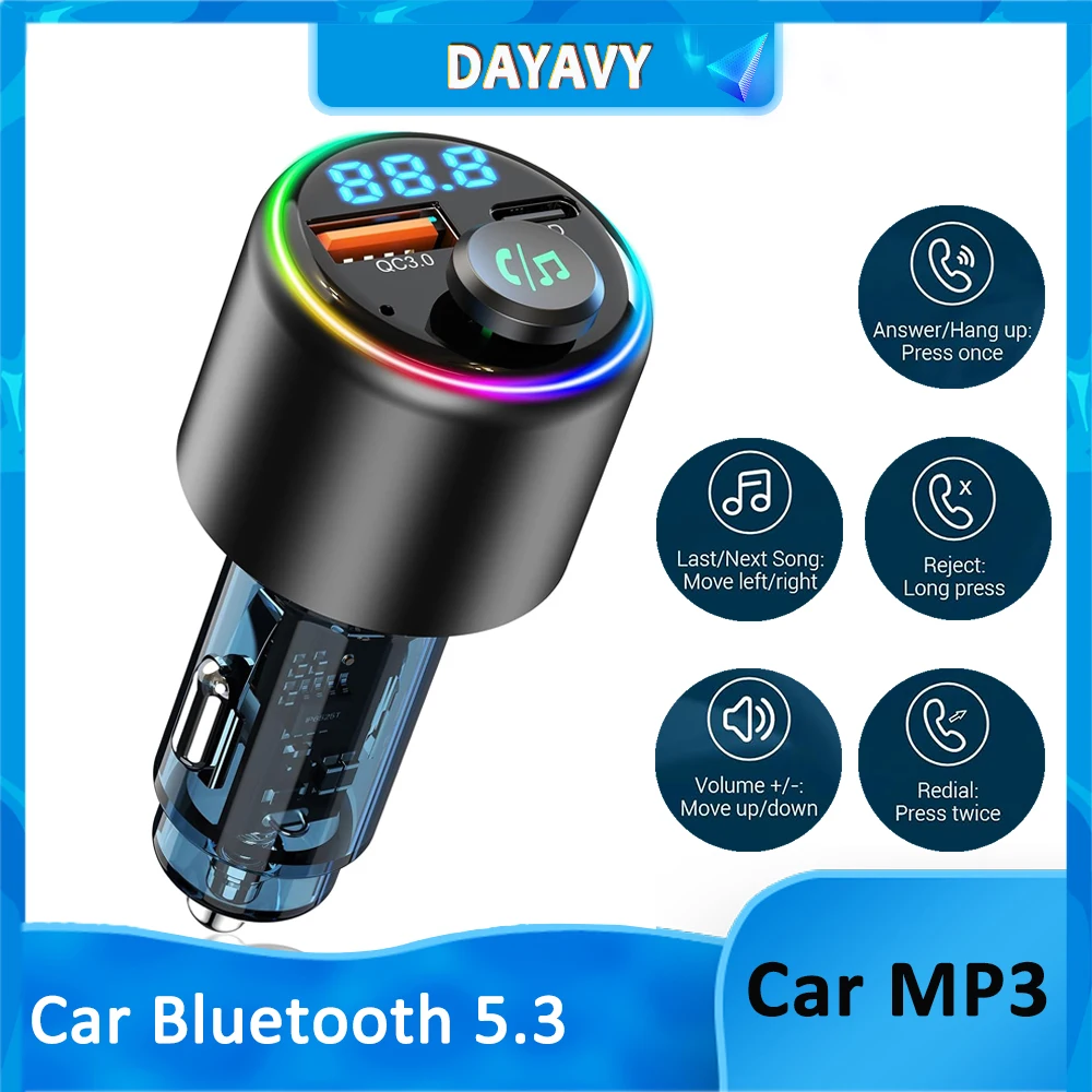 

Car Bluetooth 5.3 FM Transmitter Type-C 18W USB Car 30W Fast Charger Car MP3 Player Adapter for Music Hands-Free Call Hi-Fi