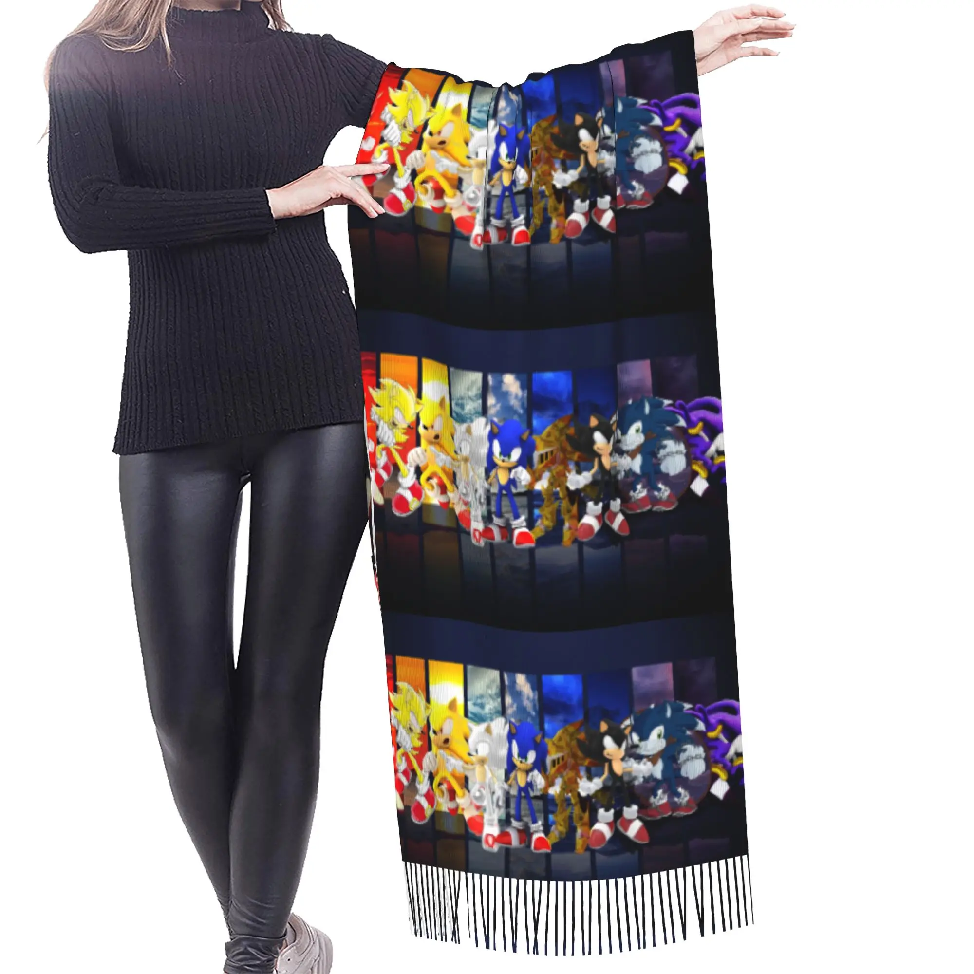 Custom S-Soniced Cartoon Tassel Scarf Women Soft Video Game Shawl Wrap Lady Winter Fall Scarves