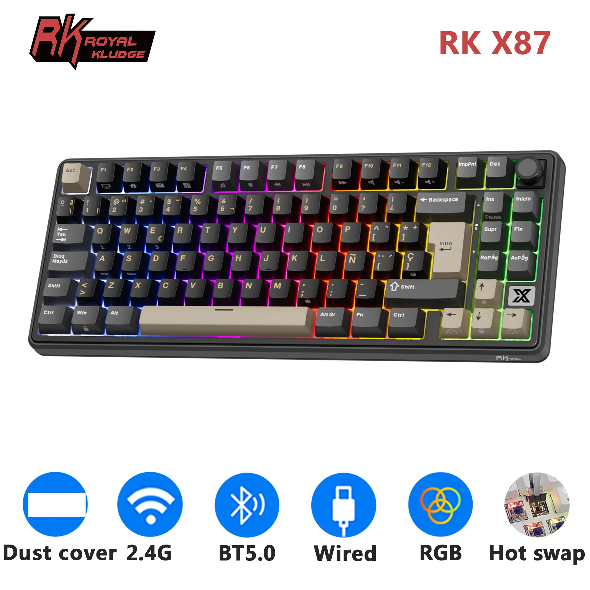 RK Royal Kludge X87 Bluetooth Wireless Spanish Mechanical Keyboard 86 Keys RGB Hot-swappable Tri-Mode Gamer Keyboard PBT Keycaps