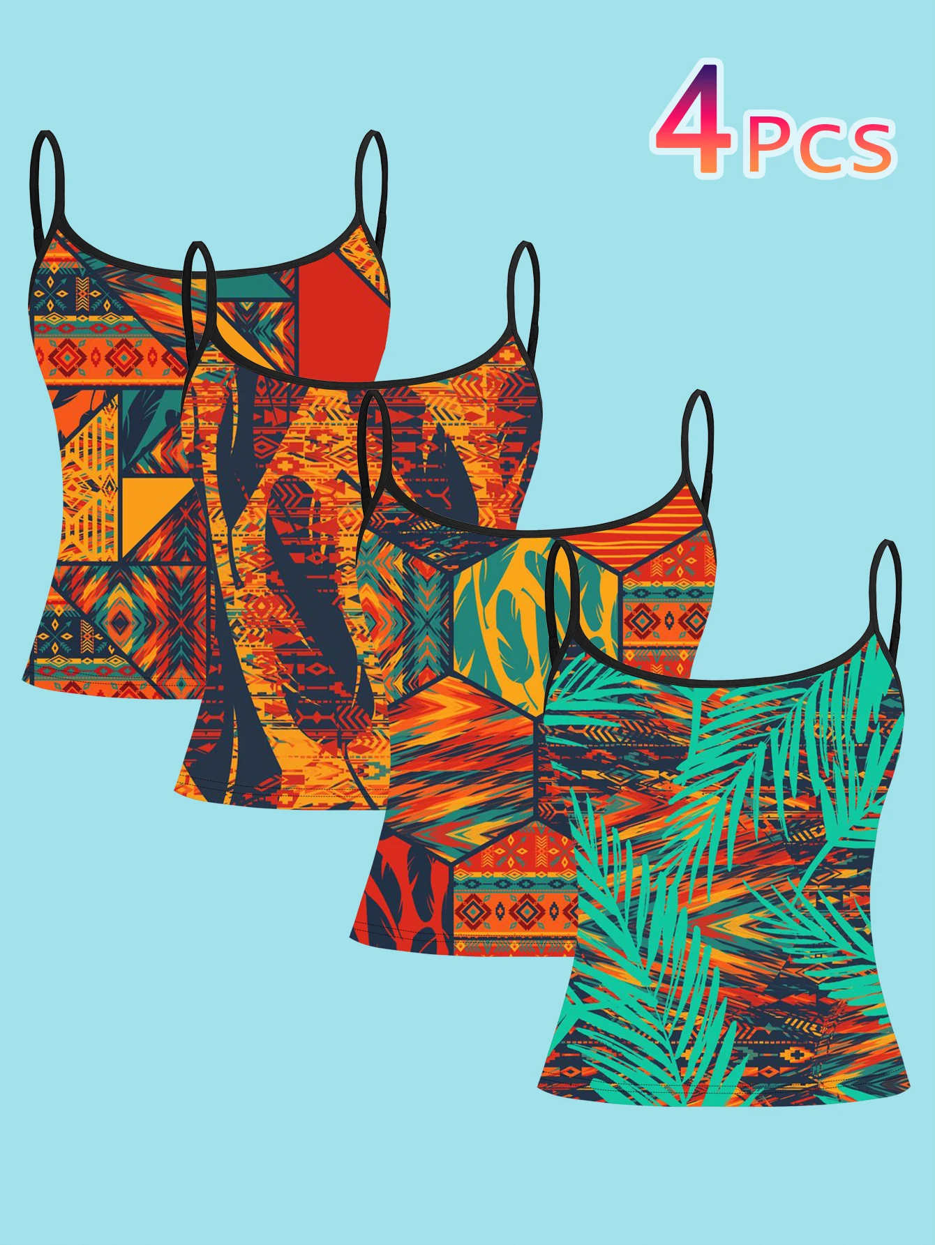 4-Piece Set of Tropical Tribal Style Patchwork Print Camisoles for Women, Navajo Geometric Palm Leaf Color-Blocking Slim-Fit Spaghetti Strap Tops