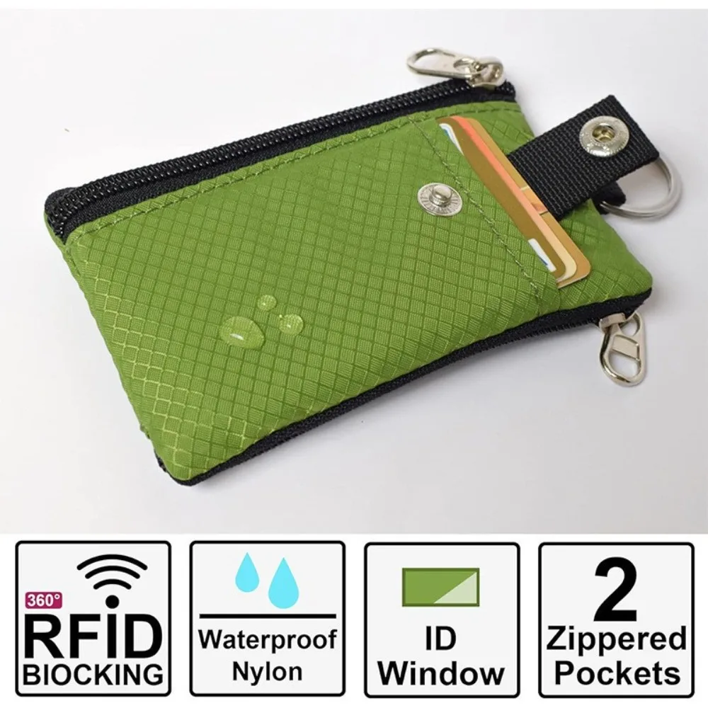 Cartera pequeña minimalista con bloqueo RFID, resistente al agua, monedero delgado con cremallera, cordón para ventana de identificación