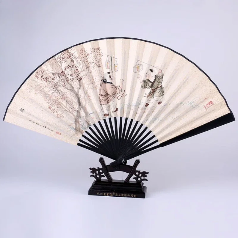 Handbemalter Fächer aus Ebenholz mit Hähnchenflügel und Gold