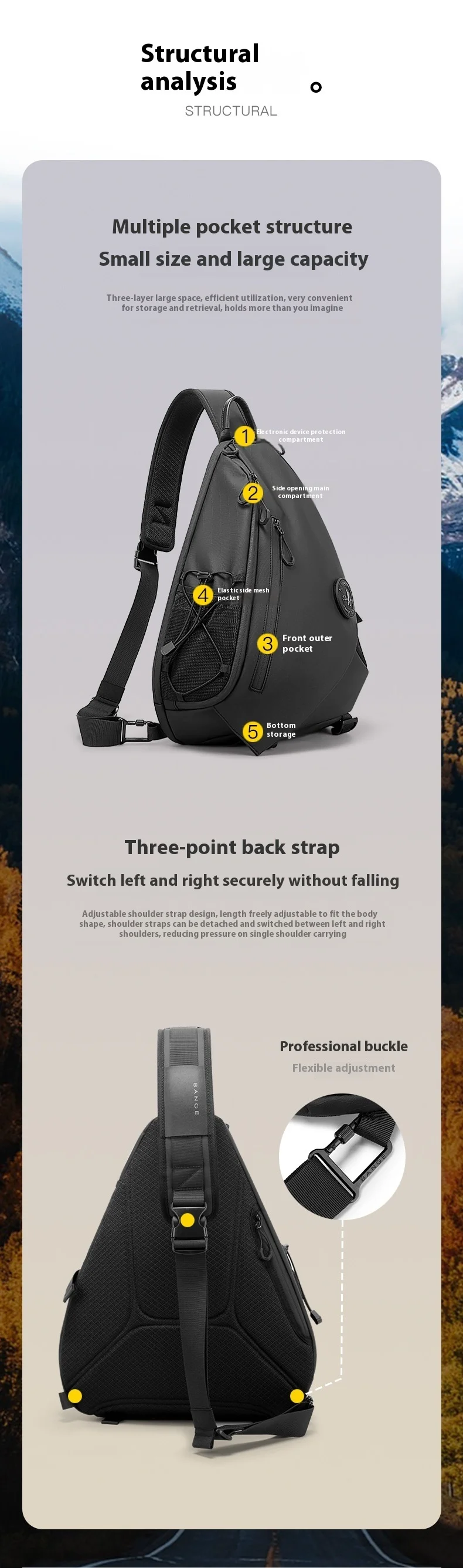 Bange Herren Einzelschulter-Brusttasche, Modische Leichte Crossbody-Tasche, Wasserdichte Große Kapazität Freizeitrucksack – Detail 5