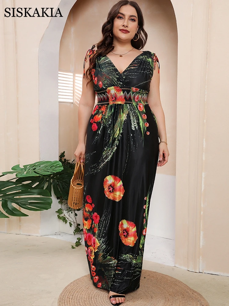 Plus Size Silk Floral Print Beach Bohemian Dress Women Sexy Deep V Neck Loose Long Dress Ladies Summer Boho Femme Robe 4XL 5XL