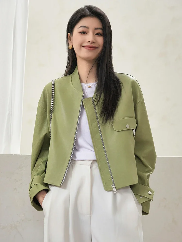 

Casual Short Genuine Leather Bomber Jackets for Women Spring Autumn 2026 New High-end Simple Stand Collar Real Sheepskin Coat