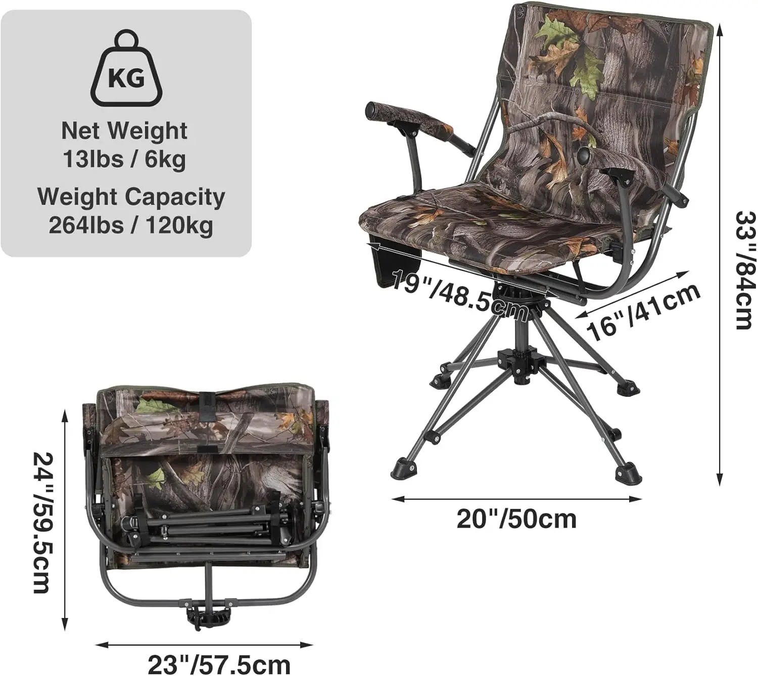 Swivel Heated Hunting Chairs for Ground Blinds, Portable Folding Camo Camping Chairs for Adults Hunting Seats with Hard Arms for