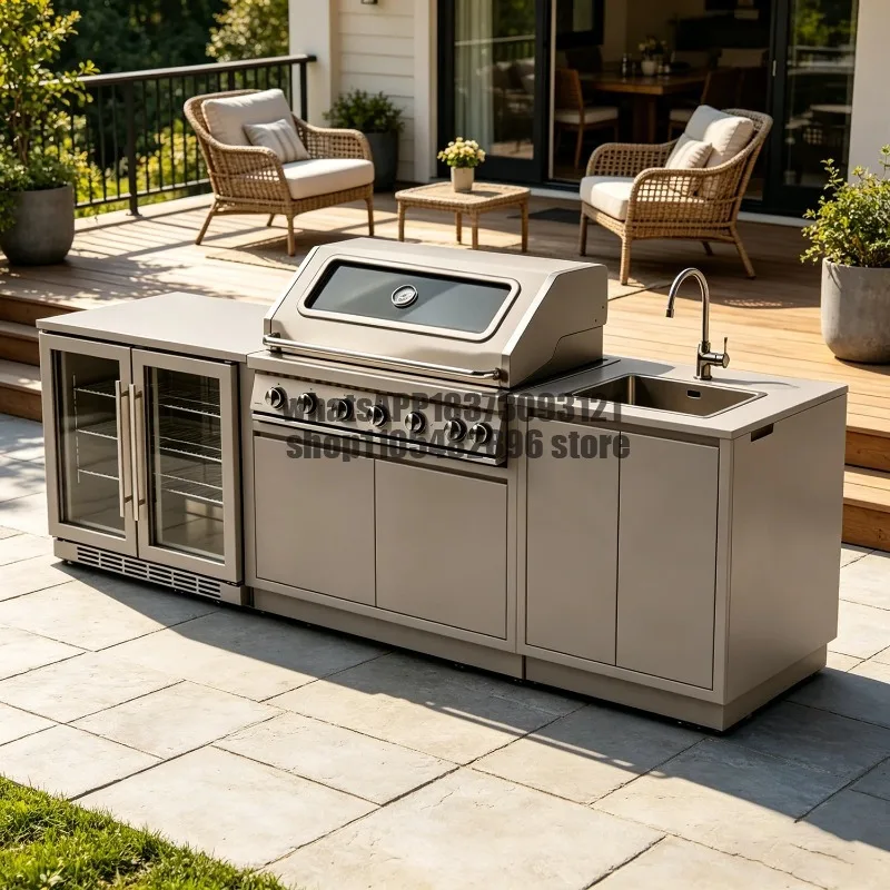 Modern Modular Functional Stainless Steel Outdoor Kitchen Cabinets With Grill Cooktop Sink Fridge LED For Backyard Patio Garden
