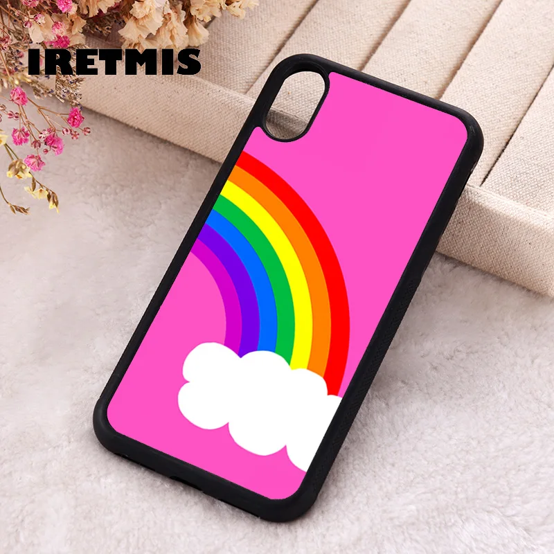 Iretmis Phone Cover Case For iPhone X XS Max XR 11 12 13 PRO MINI 14 15 16 Plus Rubber Silicone OVER THE RAINBOW PINK