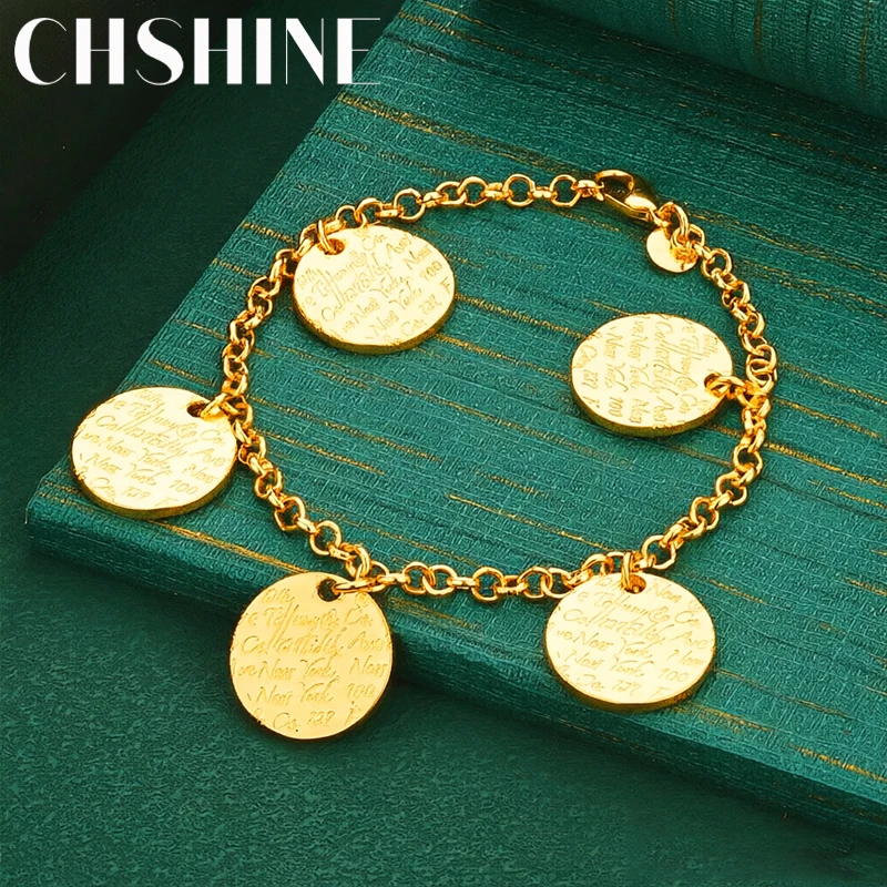 925 Sterling Silver 18K Gold  Engraved Round Disc Charm Bracelet Elegant Fashion Jewelry for Women Wedding Party Gift