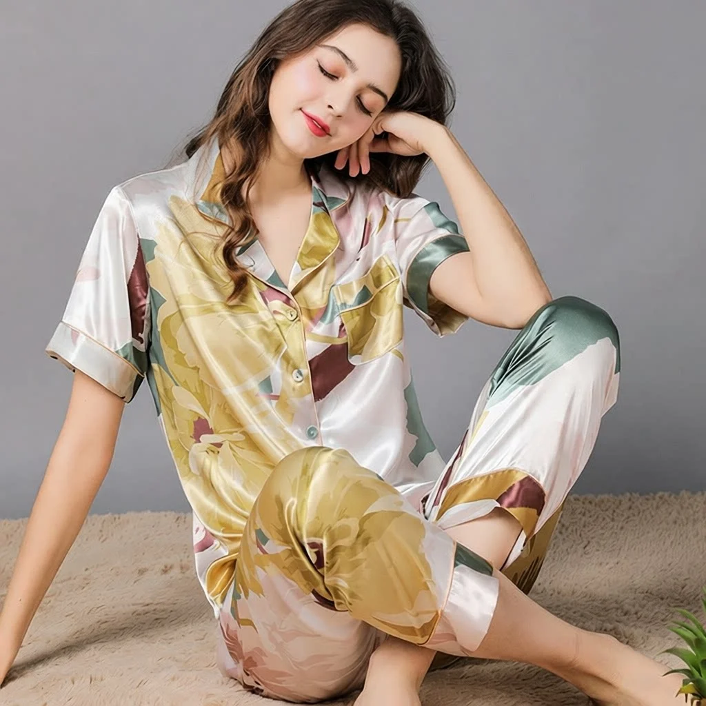 

Silk Ice Fabric Summer Short Sleeve Printed Sleepwear Set Casual Open Cardigan Thin Home Clothes for Women Spring Home Clothes
