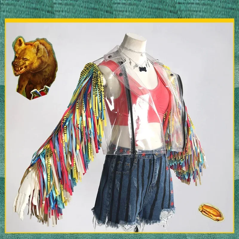 베어 하우스 AA 영화 애니메이션 Harleen Cosplay Womens Quinn Custome 투명한 코트 정장 가발 반바지 풀 세트 Hallowe New 2025 WKD001