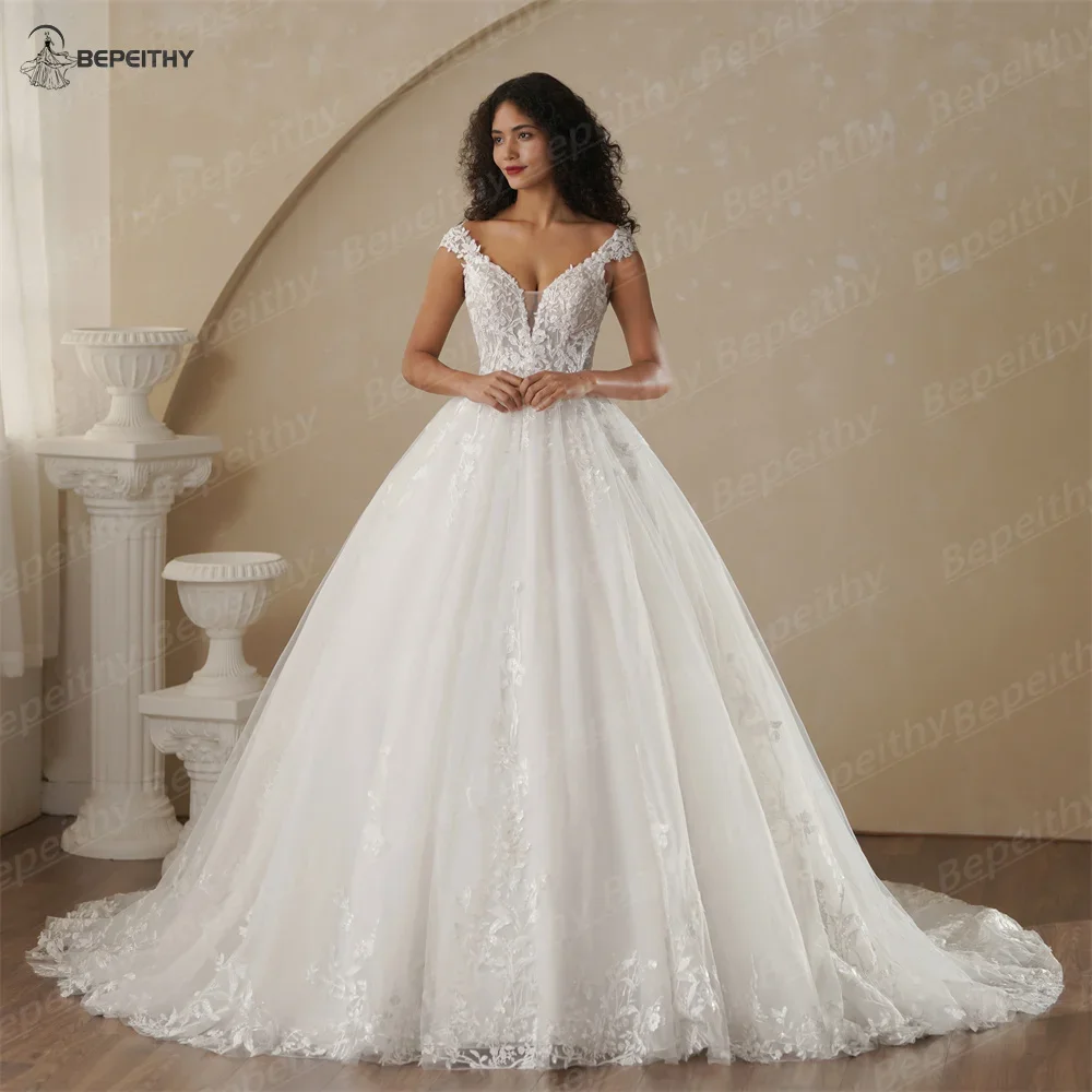 Bepeithy personalizado decote em v mangas princesa vestidos de casamento para as mulheres 2025 primavera rendas boho vestido de noiva novias