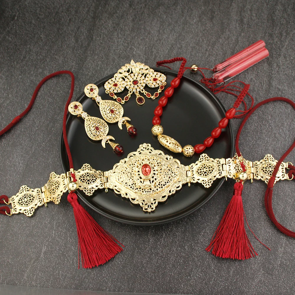 

Sunspicems Morocco Jewelry Set Caftan Brooch Arab Drop Earring Rope Stone Necklace Red Crystal Dress Belt Bride Wedding Bijoux