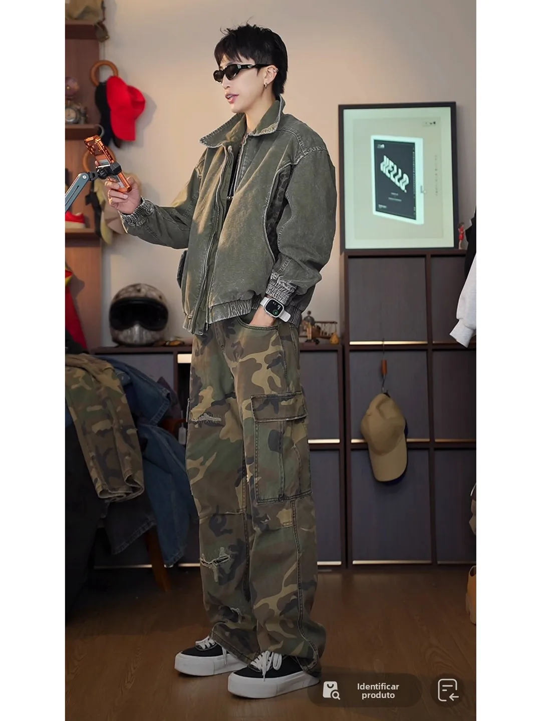 Calças de Trabalho em Patchwork Camuflado Feitas à Mão para Homens e Mulheres, Jeans Utilitários Vintage de Alta Resistência