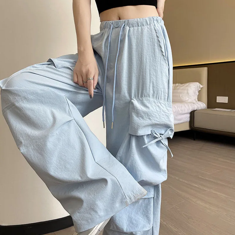 Y2K Cargo Pants for Women High Waist Streetwear Hip Hop Wide Leg Trousers Female Vintage Low Waist Drawstring Baggy Sweatpants