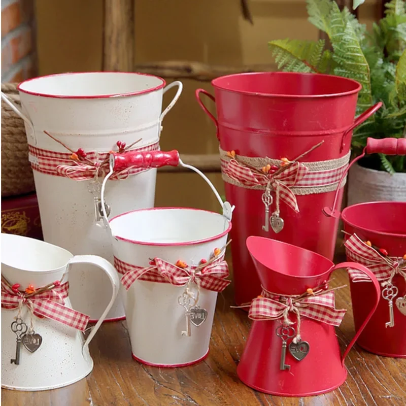 Exquisite Pastoral Wind Iron Flower Ware Simulation Flower Arrangement Storage Bucket Grid Bow Home Decoration Decoration Vase