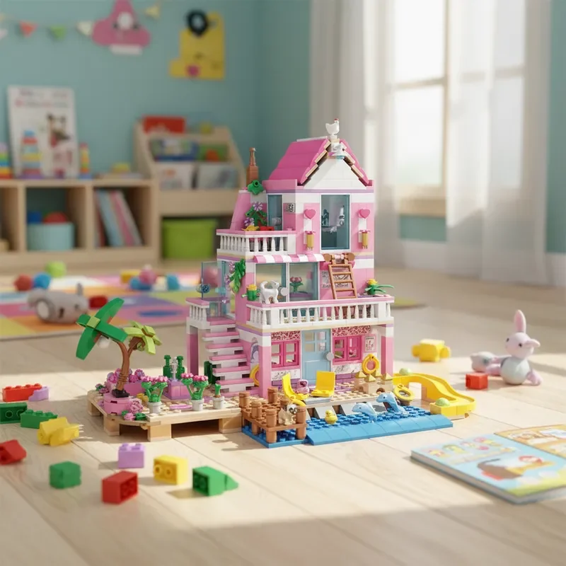 822 قطعة منزل شاطئ قابل للتحويل طبقة مزدوجة فيلا لتقوم بها بنفسك بناء عدة ألعاب البناء الإبداعية الفتيات هدية عيد ميلاد