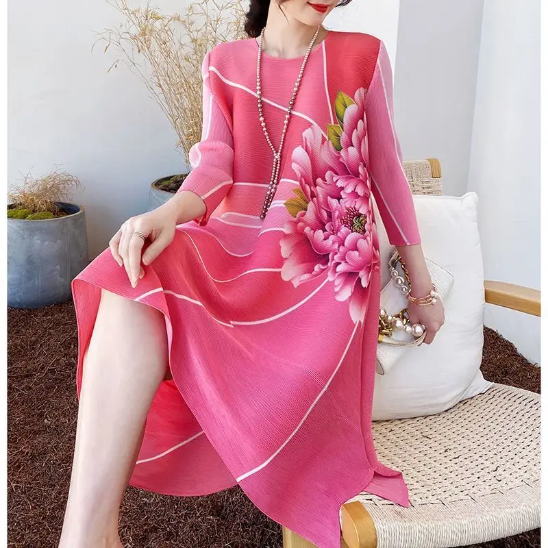 

Elegant Floral Print Women's Knit Dress With Beaded Embellishment Loose A-Line Midi Length O-Neck Three Quarter Sleeve Spring Au