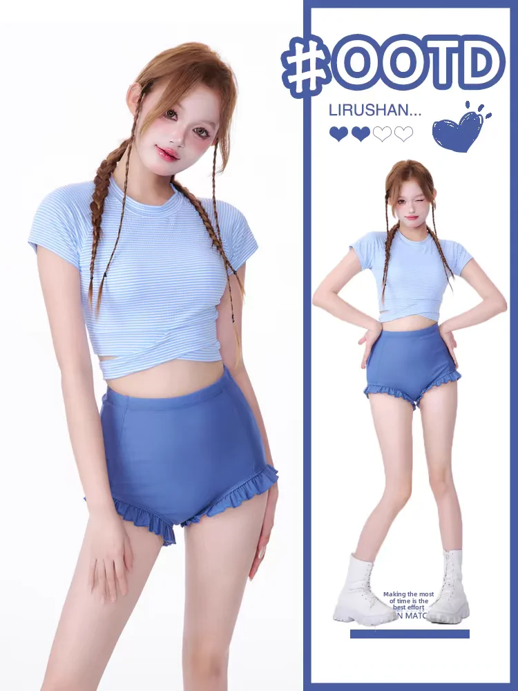 

Sweet Cute High Waist Conservative Women's Bikini Swimsuit Two Piece Swimwear for Students Girls Thermal Spa round Ne Design