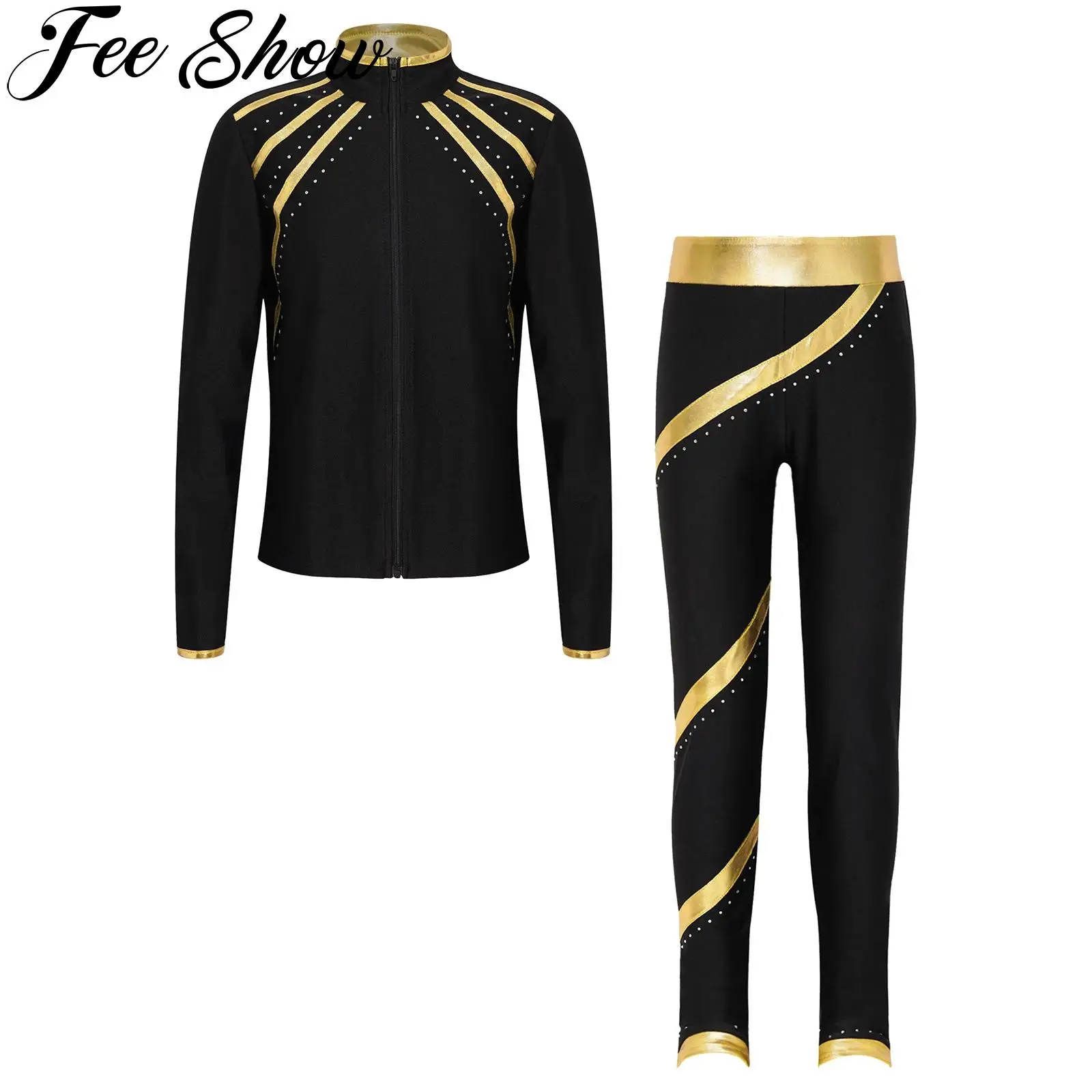 Kids Girls Figure Skating Gymnastics Performance Sets Shiny Rhinestones Metallic Striped Long Sleeve Zipper Jacket with Pants