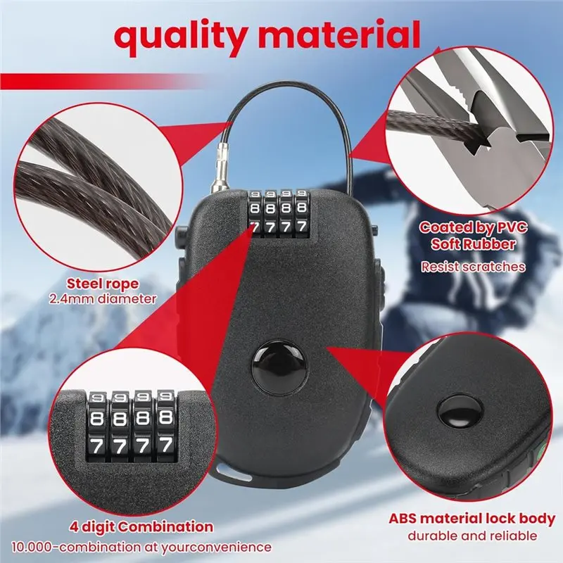 ABGG-For Bike, Ski Stroller Keyless Security 2Pcs 4-Digit Combination Lock With 27.5 Inch Steel Cables Quick Retraction
