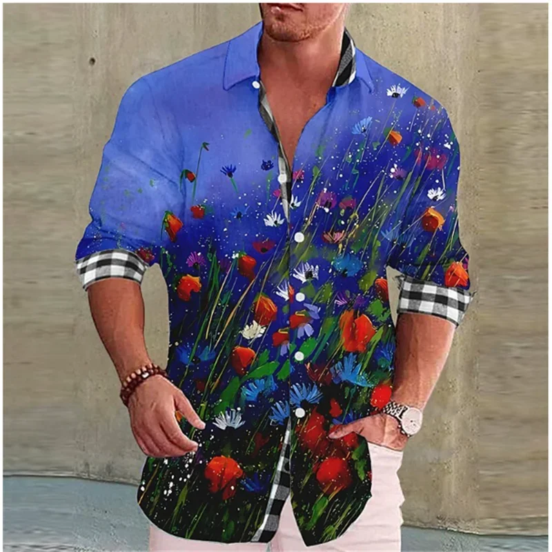 

2024 Men's Shirt Floral Pattern Cuffed Plaid Outdoor Street Long Sleeve Printed Clothing Fashion Streetwear Designer Casual 6XL