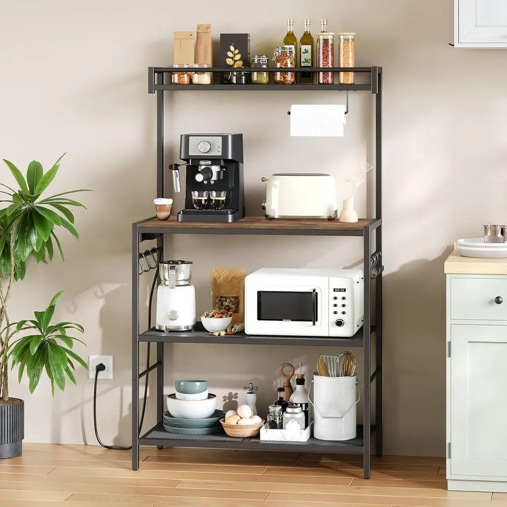 

Bakers Rack with Storage, Microwave Stand with Paper Holder, Bakers Rack with Power Outlet, Coffee Bar Station with 6 Hooks, for