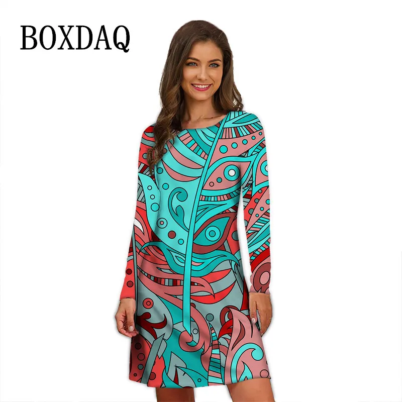 3D Abstract Print Dresses For Women Trendy 2022 Oversized Autumn Loose Clothing Fashion O-Neck Long Sleeve Party Mini New Dress