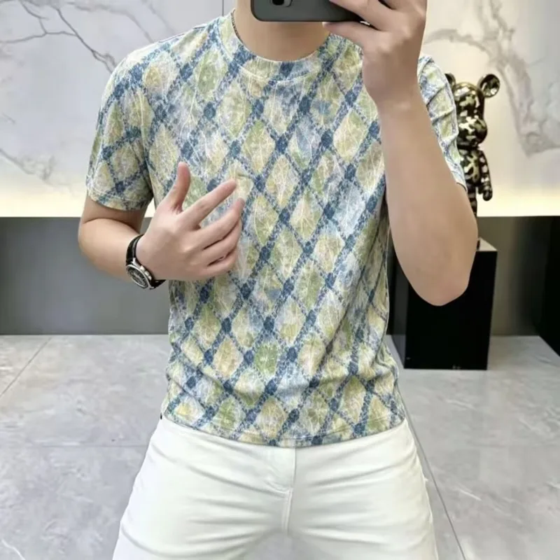Trendy Summer Plaid Short Sleeved T-shirt for Men Round Neck Casual Social T-shirts Social Streetwear Tee Top Men Clothing 2026