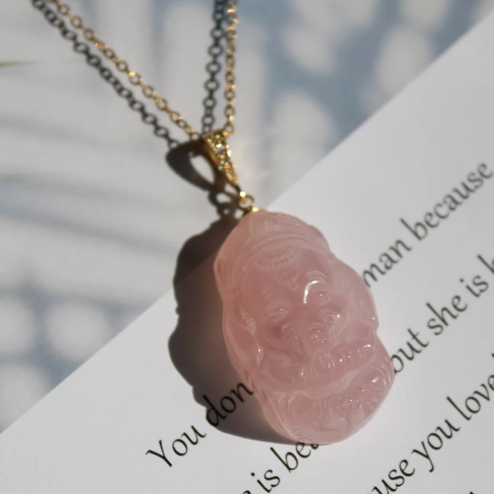 Natural Rose Quartz Crystal Indian Elephant God Ganesh Carving Necklace Pendant For Gift