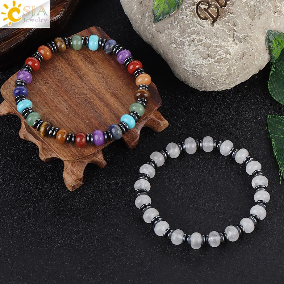 CSJA Natural Stone Hematite Protection Bracelet Yoga 7 Chakra Energy Tiger eye Amazonite Bracelets Jewelry for Women H648