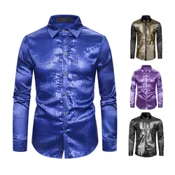 Men Shirt Club Dance Shirt Shiny Sequin Lapel Single-breasted Slim Fit Colorful Stripe Glossy Long Sleeve Performance Men Top