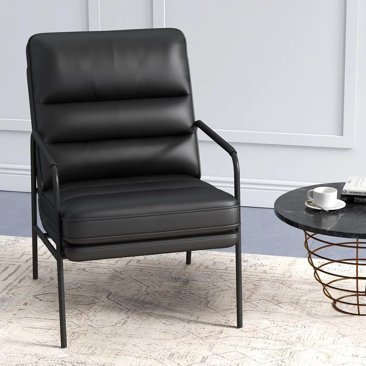 PU Leather High Back Accent Chair Metal Frame Ergonomic Padded Seat Easy Clean Supportive Armrests Reading Relaxing, Customized