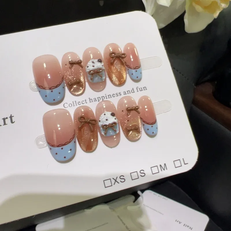 10 szt. Ręcznie Robione Paznokcie Naklejane Urocze Paznokcie Sztuczne 3D z Motywem Lodów i Kokardek z Naklejkami, Piękny Zestaw Paznokci Protetycznych